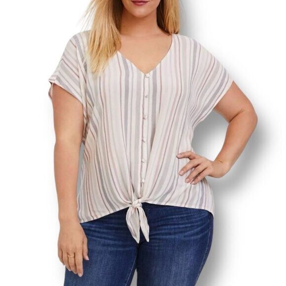 Torrid 2X Beige Pink Stripe Button Front Tie Hem Blouse Boho Cottagecore Preppy - Picture 1 of 9